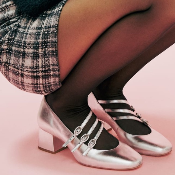 Anthropologie Reformation Mimi Buckle Heels Silver Metallic Mary Janes 8.5 - Picture 1 of 2